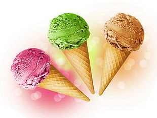 three assorted flavors icecreams on cones